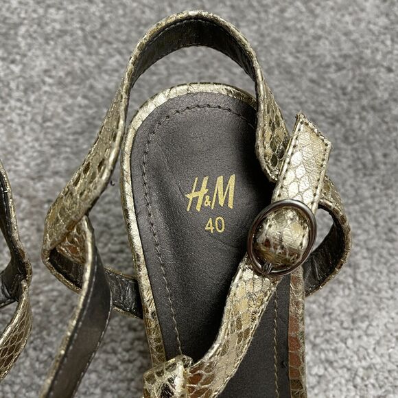 H&M Block Heels Sandals Womens 9 40 Gold Snake Skin Strappy Buckle Party Casual - Picture 5 of 12